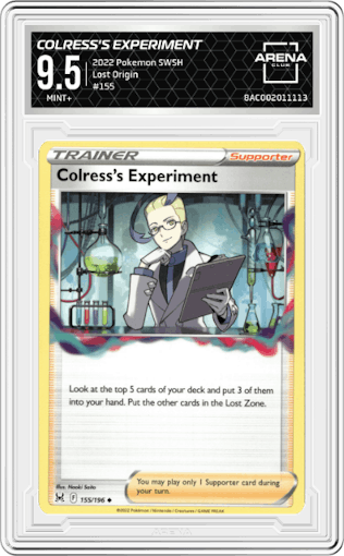Colress's Experiment from the 2022 Pokemon SWSH set graded by Arena Club and given an overall grade of 9.5.