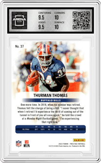 Thurman Thomas from the 2023 Panini Prestige set featuring a Xtra Points Galaxy parallel graded by Arena Club and given an overall grade of 10.
