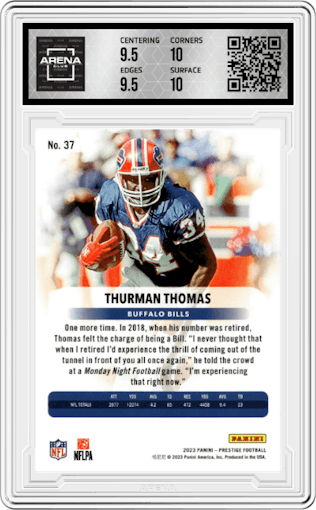 Thurman Thomas from the 2023 Panini Prestige set featuring a Xtra Points Galaxy parallel graded by Arena Club and given an overall grade of 10.