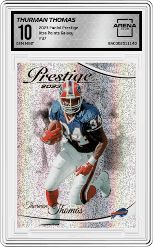 Thurman Thomas from the 2023 Panini Prestige set featuring a Xtra Points Galaxy parallel graded by Arena Club and given an overall grade of 10.