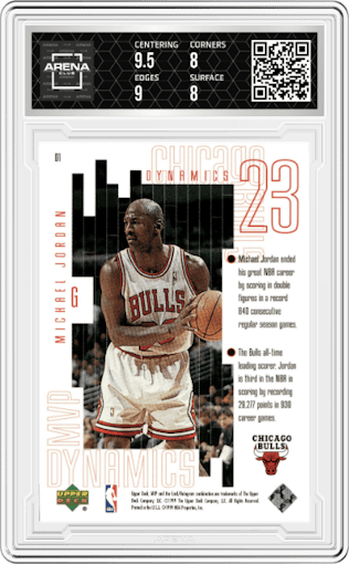 Michael Jordan from the 1999-00 Upper Deck MVP set graded by Arena Club and given an overall grade of 8.5.