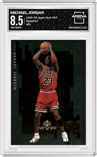 Michael Jordan from the 1999-00 Upper Deck MVP set graded by Arena Club and given an overall grade of 8.5.