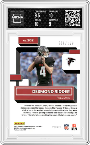 Desmond Ridder from the 2022 Panini Donruss Optic set featuring a Orange parallel graded by Arena Club and given an overall grade of 9.5.
