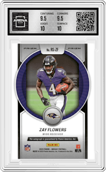 Zay Flowers from the 2023 Panini Mosaic set featuring a No Huddle Gold parallel graded by Arena Club and given an overall grade of 10.