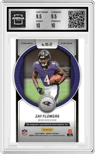 Zay Flowers from the 2023 Panini Mosaic set featuring a No Huddle Gold parallel graded by Arena Club and given an overall grade of 10.