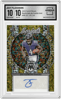 Zay Flowers from the 2023 Panini Mosaic set featuring a No Huddle Gold parallel graded by Arena Club and given an overall grade of 10.