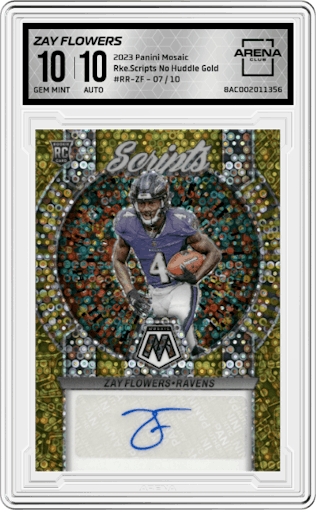 Zay Flowers from the 2023 Panini Mosaic set featuring a No Huddle Gold parallel graded by Arena Club and given an overall grade of 10.