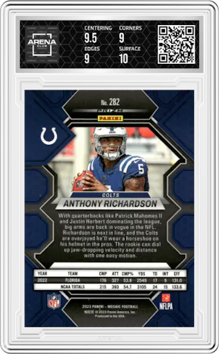 Anthony Richardson from the 2023 Panini Mosaic set featuring a Red Mosaic parallel graded by Arena Club and given an overall grade of 9.5.