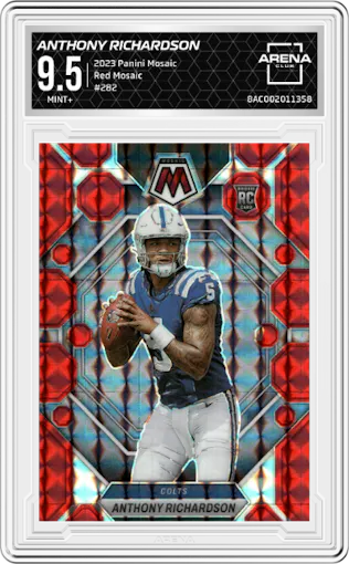 Anthony Richardson from the 2023 Panini Mosaic set featuring a Red Mosaic parallel graded by Arena Club and given an overall grade of 9.5.