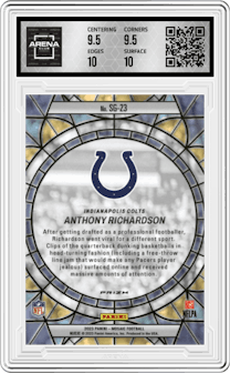 Anthony Richardson from the 2023 Panini Mosaic set graded by Arena Club and given an overall grade of 10.