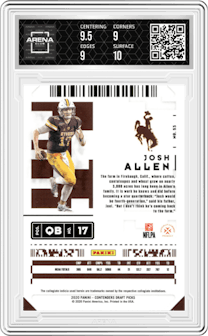 Josh Allen from the 2020 Panini Contenders Draft Picks set featuring a Draft Blue Foil Ticket  parallel graded by Arena Club and given an overall grade of 9.5.