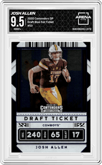 Josh Allen from the 2020 Panini Contenders Draft Picks set featuring a Draft Blue Foil Ticket  parallel graded by Arena Club and given an overall grade of 9.5.