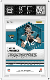 Trevor Lawrence from the 2021 Panini Mosaic set featuring a Mosaic parallel graded by Arena Club and given an overall grade of 9.5.