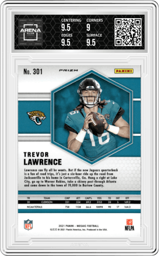 Trevor Lawrence from the 2021 Panini Mosaic set featuring a Mosaic parallel graded by Arena Club and given an overall grade of 9.5.