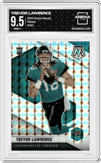 Trevor Lawrence from the 2021 Panini Mosaic set featuring a Mosaic parallel graded by Arena Club and given an overall grade of 9.5.