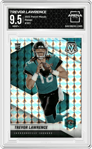 Trevor Lawrence from the 2021 Panini Mosaic set featuring a Mosaic parallel graded by Arena Club and given an overall grade of 9.5.