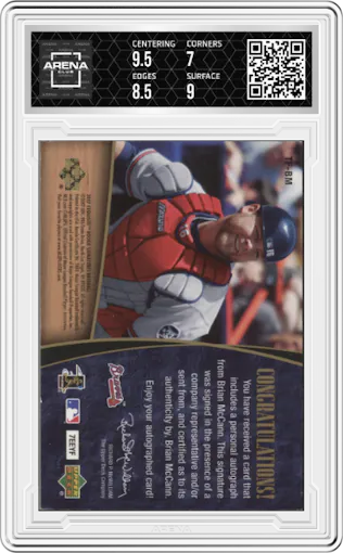 Brian McCann from the 2007 Upper Deck Exquisite Collection Rookie Signatures set graded by Arena Club and given an overall grade of 7.5.