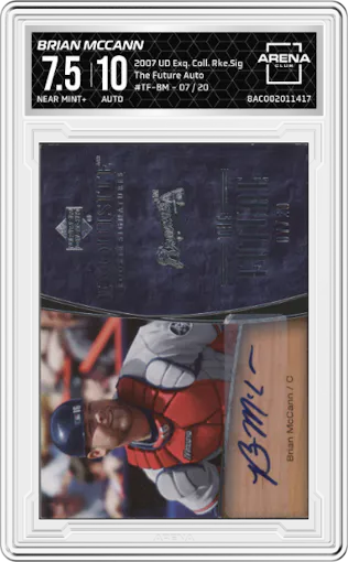 Brian McCann from the 2007 Upper Deck Exquisite Collection Rookie Signatures set graded by Arena Club and given an overall grade of 7.5.