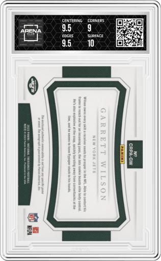 Garrett Wilson from the 2022 Panini National Treasures set featuring a Laundry Tag parallel graded by Arena Club and given an overall grade of 9.5.
