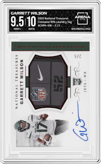 Garrett Wilson from the 2022 Panini National Treasures set featuring a Laundry Tag parallel graded by Arena Club and given an overall grade of 9.5.