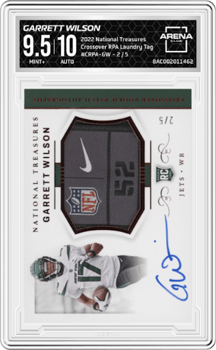 Garrett Wilson from the 2022 Panini National Treasures set featuring a Laundry Tag parallel graded by Arena Club and given an overall grade of 9.5.
