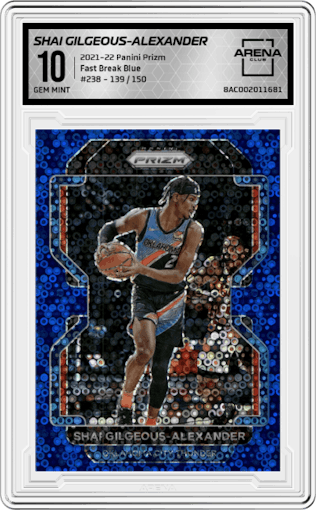 Shai Gilgeous-Alexander from the 2021-22 Panini Prizm  set featuring a Fast Break Blue parallel graded by Arena Club and given an overall grade of 10.