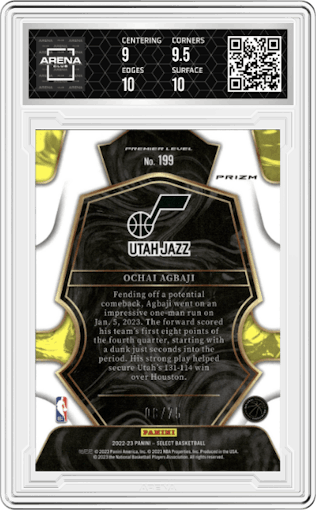 Ochai Agbaji  from the 2022-23 Panini Select set featuring a Disco White parallel graded by Arena Club and given an overall grade of 9.5.