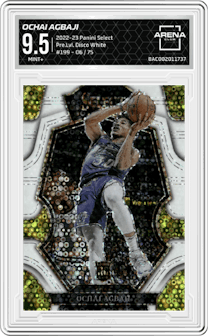 Ochai Agbaji  from the 2022-23 Panini Select set featuring a Disco White parallel graded by Arena Club and given an overall grade of 9.5.