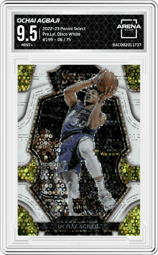 Ochai Agbaji  from the 2022-23 Panini Select set featuring a Disco White parallel graded by Arena Club and given an overall grade of 9.5.