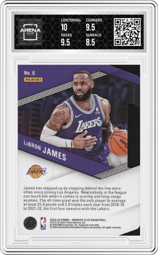 LeBron James from the 2022-23 Donruss Elite set featuring a Orange Die-Cut parallel graded by Arena Club and given an overall grade of 9.