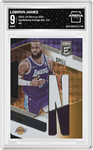 LeBron James from the 2022-23 Donruss Elite set featuring a Orange Die-Cut parallel graded by Arena Club and given an overall grade of 9.