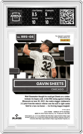 Gavin Sheets from the 2022 Donruss Optic set featuring a Holo parallel graded by Arena Club and given an overall grade of 9.