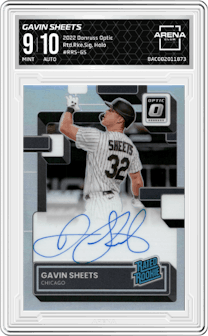 Gavin Sheets from the 2022 Donruss Optic set featuring a Holo parallel graded by Arena Club and given an overall grade of 9.