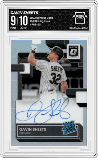 Gavin Sheets from the 2022 Donruss Optic set featuring a Holo parallel graded by Arena Club and given an overall grade of 9.