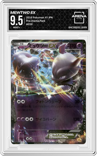 Mewtwo EX from the 2016 Pokemon XY JPN set graded by Arena Club and given an overall grade of 9.5.