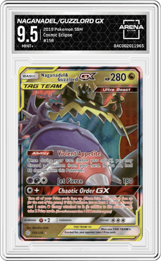 Naganadel & Guzzlord GX from the 2019 Pokemon S&M  set graded by Arena Club and given an overall grade of 9.5.
