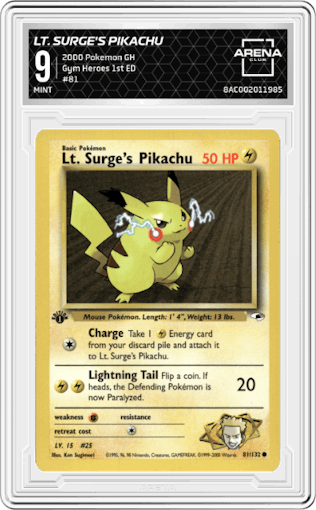 Lt. Surge's Pikachu from the 2000 Pokemon GH set graded by Arena Club and given an overall grade of 9.