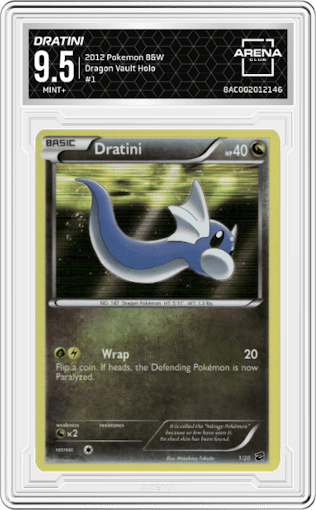 Dratini from the 2012 Pokemon B&W set graded by Arena Club and given an overall grade of 9.5.