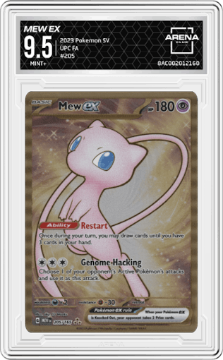 Mew EX from the 2023 Pokemon SV set featuring a Ultra Premium Collection parallel graded by Arena Club and given an overall grade of 9.5.