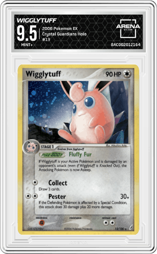 Wigglytuff from the 2006 Pokemon EX set graded by Arena Club and given an overall grade of 9.5.