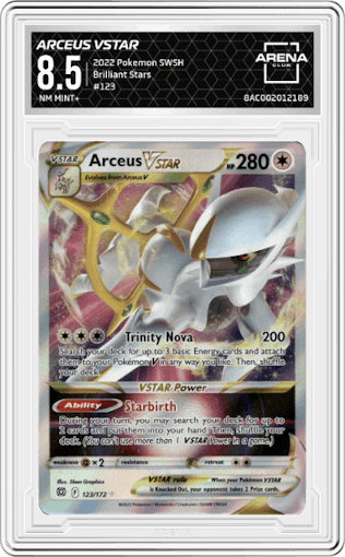 Arceus VSTAR from the 2022 Pokemon SWSH set graded by Arena Club and given an overall grade of 8.5.