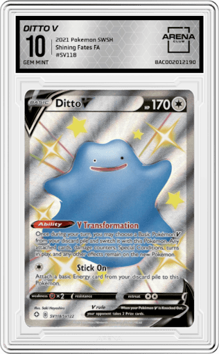 Ditto V from the 2021 Pokemon SWSH set graded by Arena Club and given an overall grade of 10.