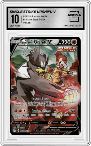 Single Strike Urshifu V from the 2022 Pokemon SWSH set graded by Arena Club and given an overall grade of 10.