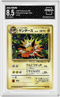 Jolteon from the 1997 Pokemon JPN set graded by Arena Club and given an overall grade of 8.5.