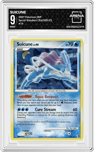 Suicune from the 2007 Pokemon D&P set graded by Arena Club and given an overall grade of 9.