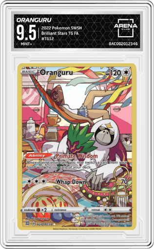 Oranguru from the 2022 Pokemon SWSH set graded by Arena Club and given an overall grade of 9.5.