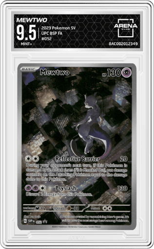 Mewtwo from the 2023 Pokemon SV set featuring a Ultra Premium Collection parallel graded by Arena Club and given an overall grade of 9.5.