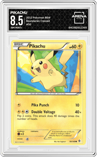 Pikachu from the 2012 Pokemon B&W set graded by Arena Club and given an overall grade of 8.5.