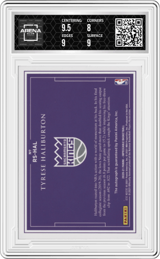 Tyrese Haliburton from the 2020-21 Panini Impeccable set graded by Arena Club and given an overall grade of 8.5.