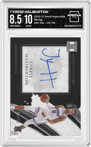 Tyrese Haliburton from the 2020-21 Panini Impeccable set graded by Arena Club and given an overall grade of 8.5.